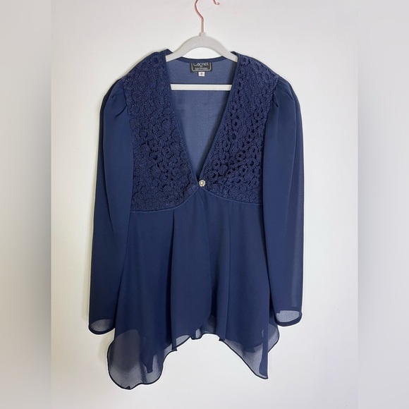 Cache Vintage Sheer Crochet Lace Top Navy Long Sleeve Romantic Womens Sz 6 - Picture 4 of 7